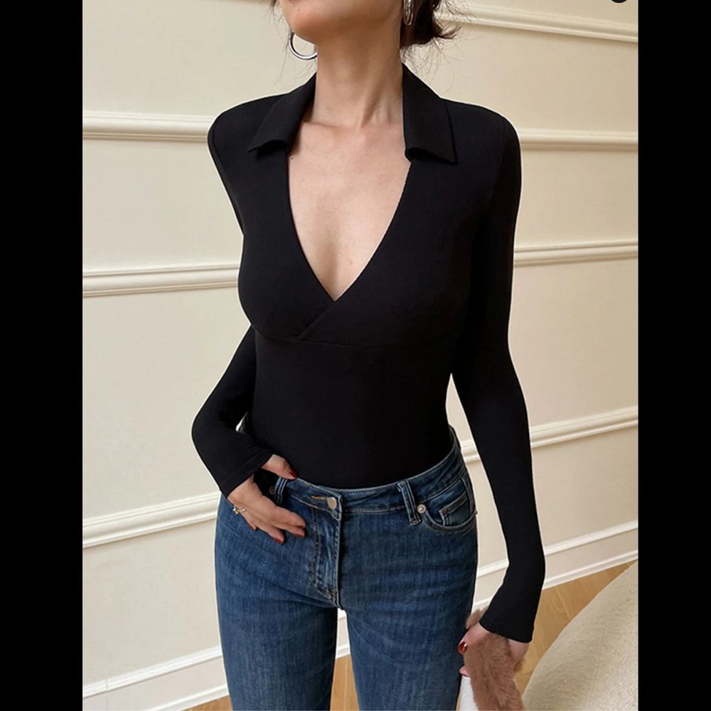 Ribbed Long Sleeve Wrap Shirt by Commense